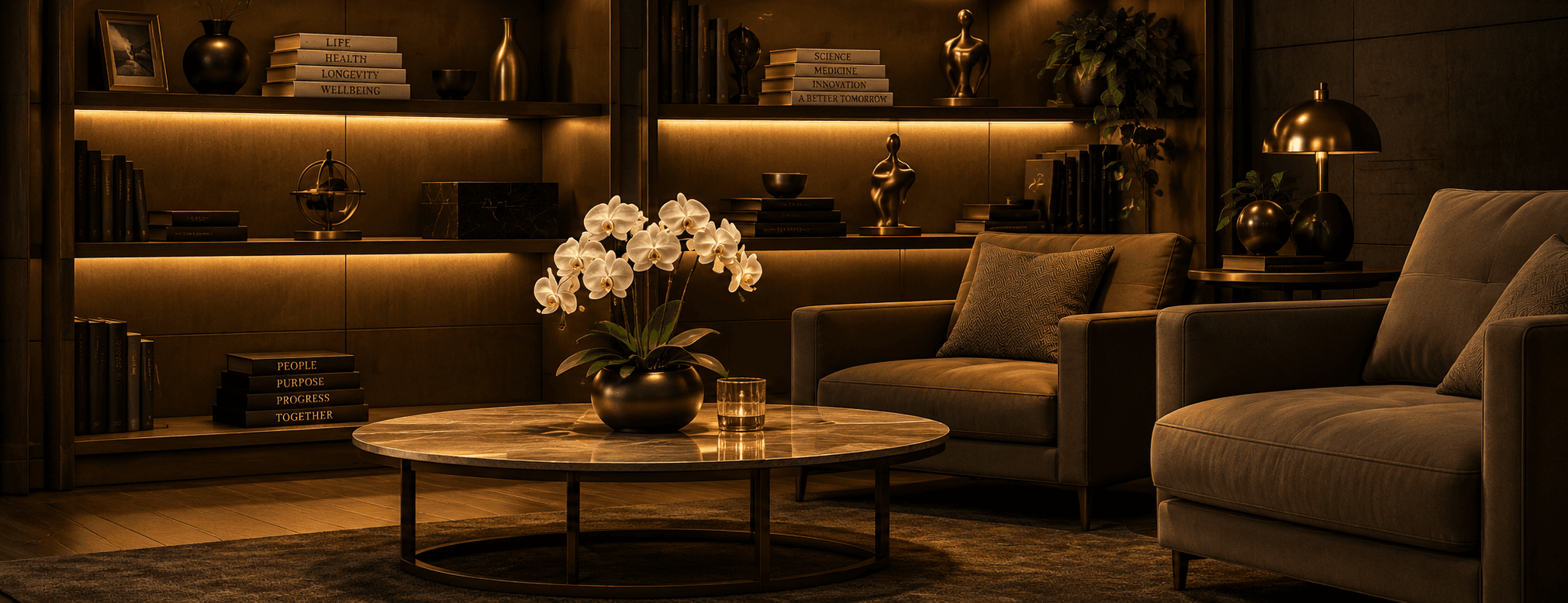A private PrivéRevive lounge, warmly lit with books on life, health and longevity