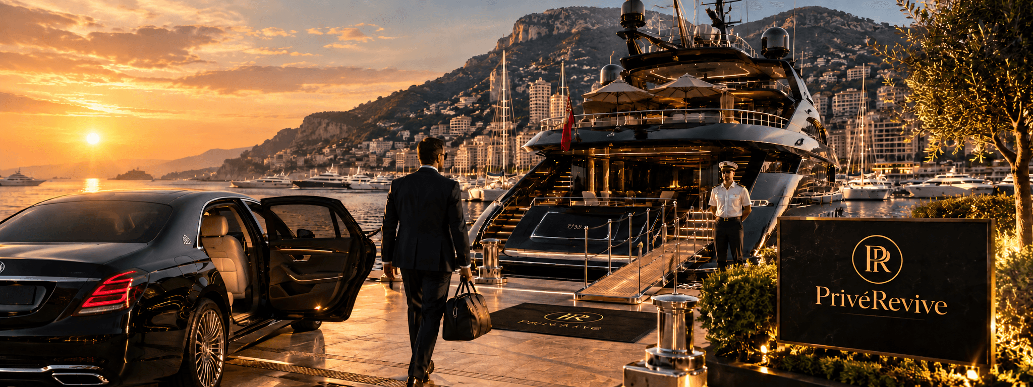 A private PrivéRevive arrival by car and yacht at sunset in Monaco