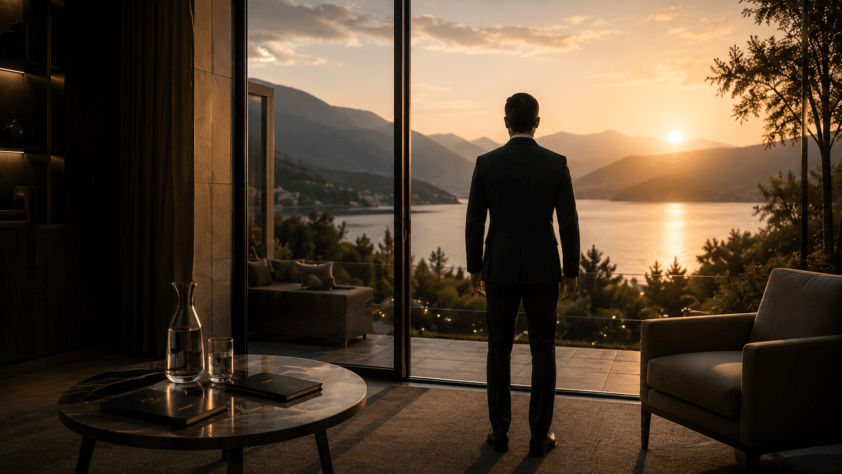 Dr. Scheik's client standing before a sunset view over the mountains and sea