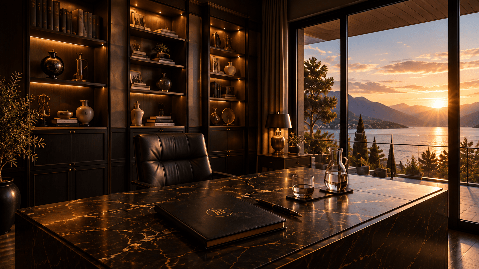 A private PrivéRevive study overlooking the coastline at sunset