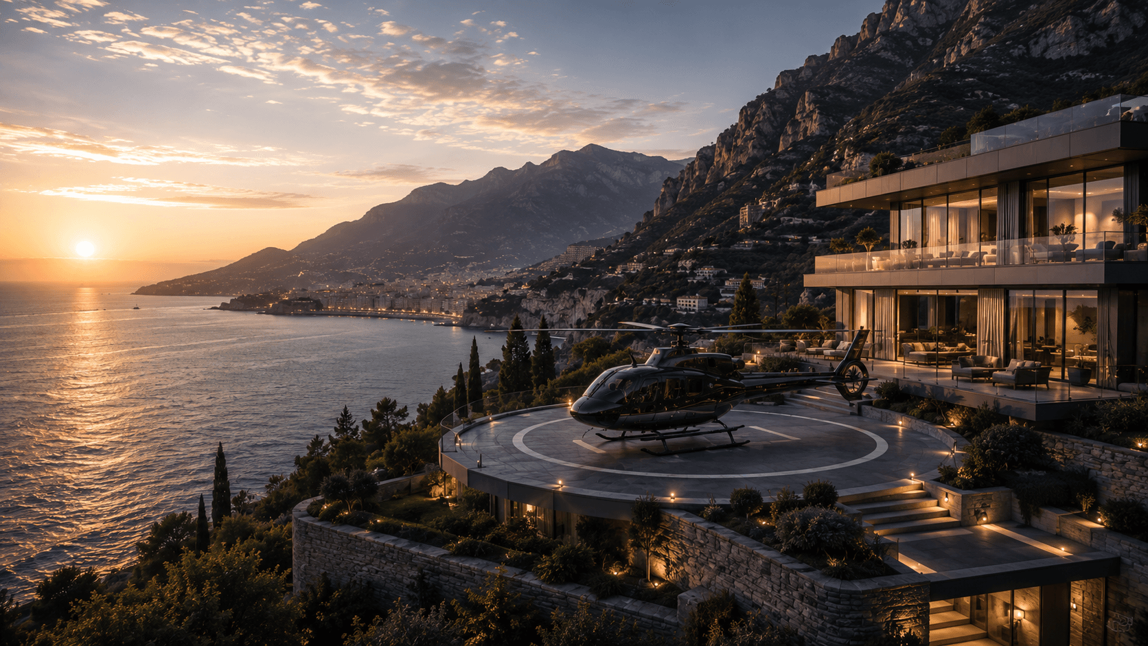 A private helicopter landing pad at a cliffside estate at sunset