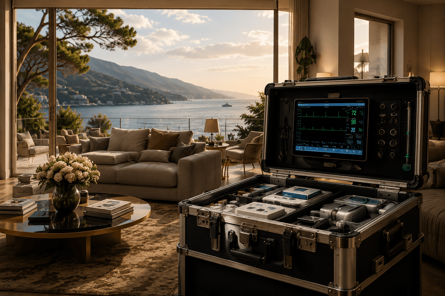 Portable medical equipment coordinated within a private oceanview residence