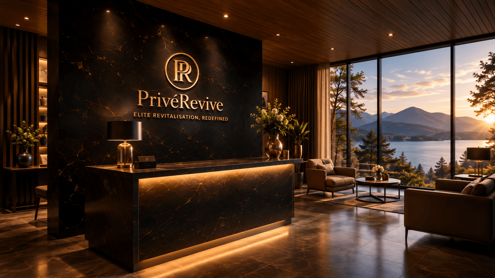 PrivéRevive reception lounge overlooking the mountains at sunset