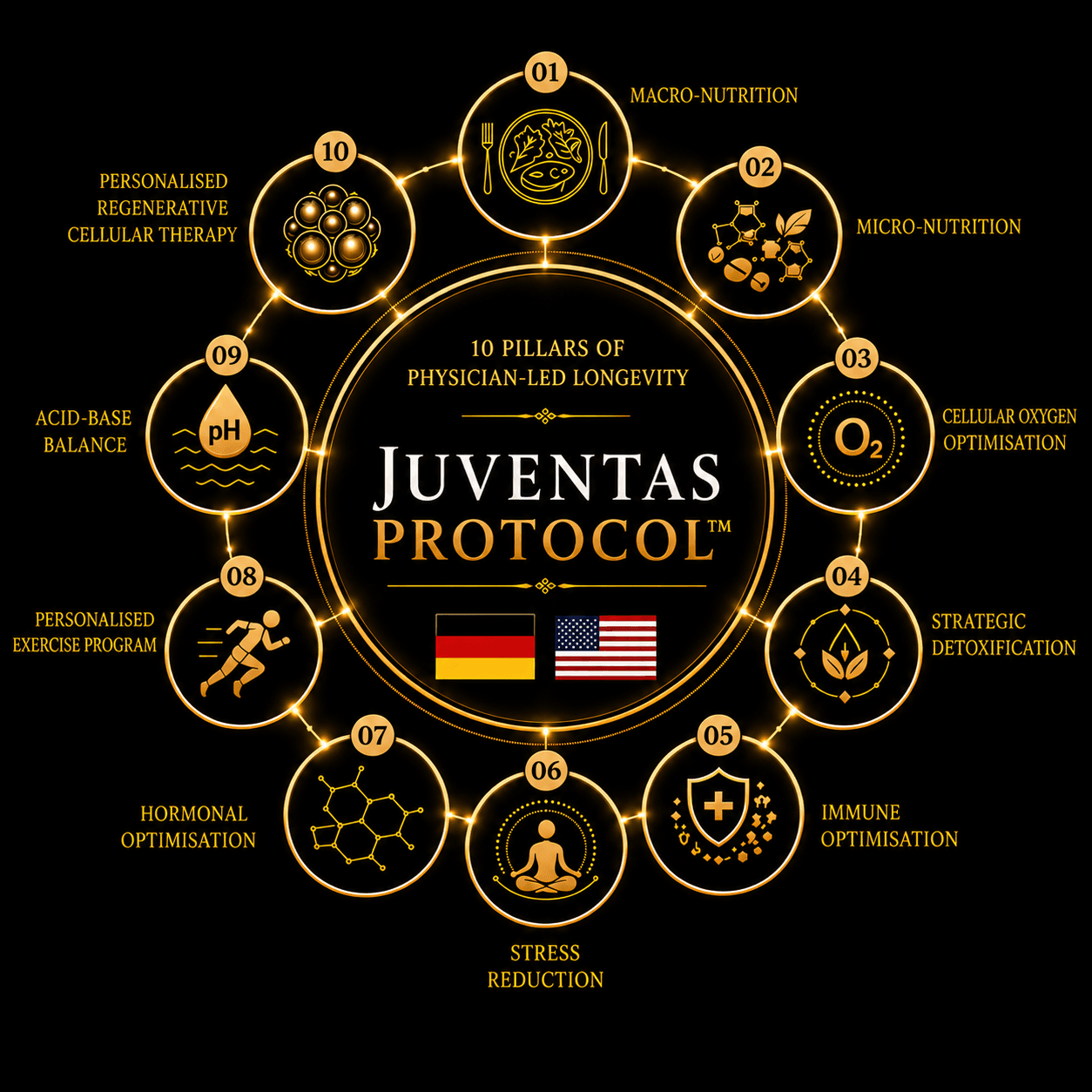 The Juventas Protocol: ten pillars of physician-led longevity arranged in a circular framework