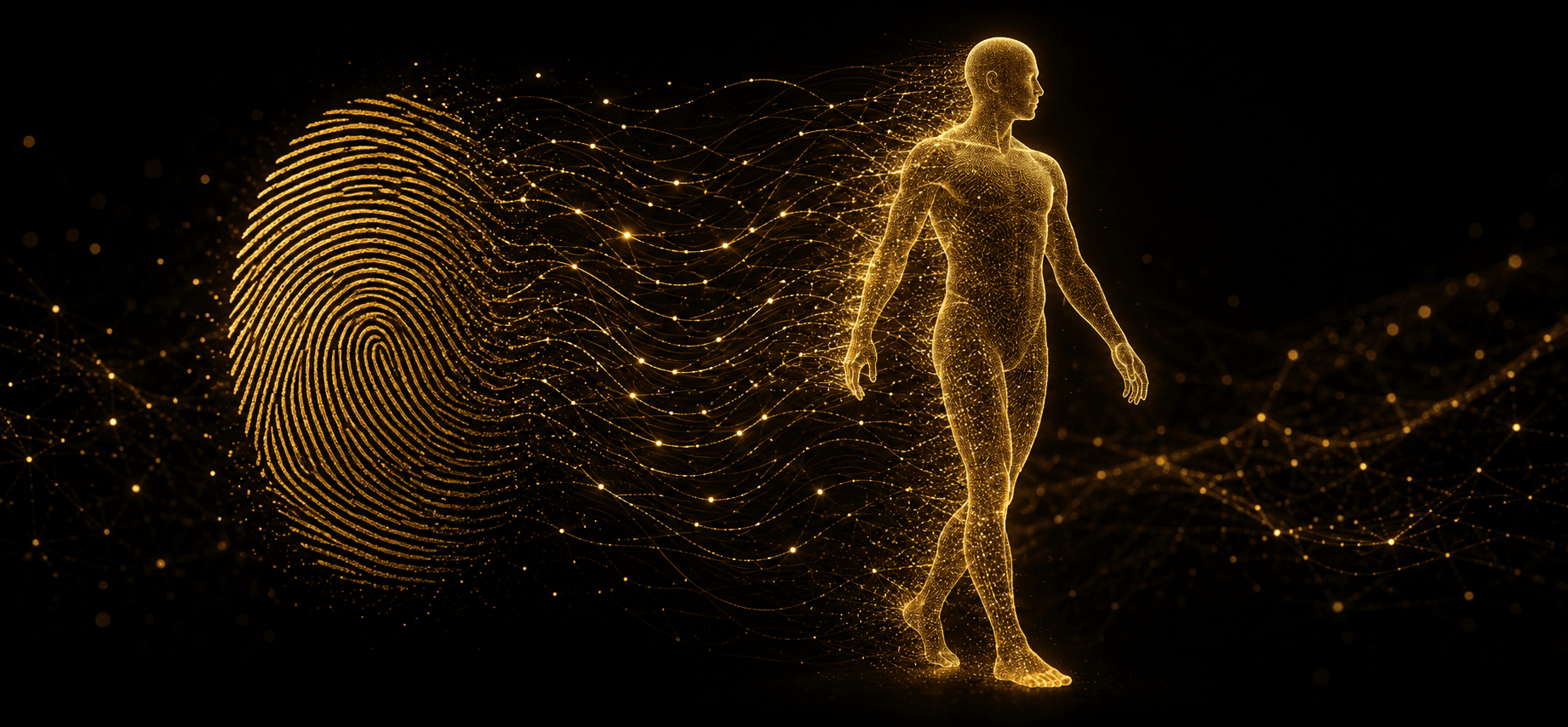 A golden fingerprint dissolving into a walking human figure, representing biological individuality